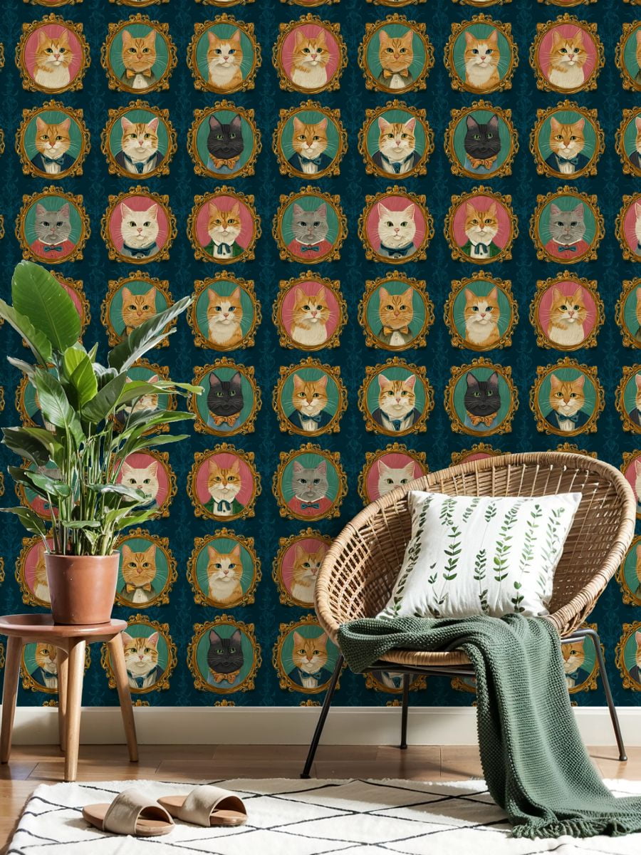 Vintage Peel and Stick Wallpaper Cat Portrait Ornate Gold Frames Elegant Dark Wall Mural 17.7in x 9.8ft Self Adhesive Removable Wall Paper Renter Friendly Wallpaper for Nursery Bedroom Cabinets