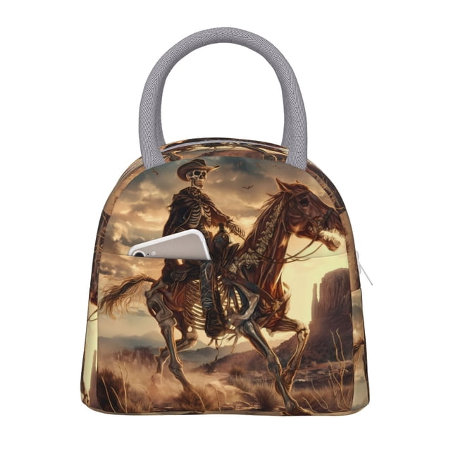Easygdp Western Skeleton Cowboy Horse Bolsa de Almuerzo Insulada Grande, Forro de Aluminio, Diseño Espacioso, a Prueba de Fugas, Ideal para Trabajo, Picnics, Viajes y Actividades al Aire Libre