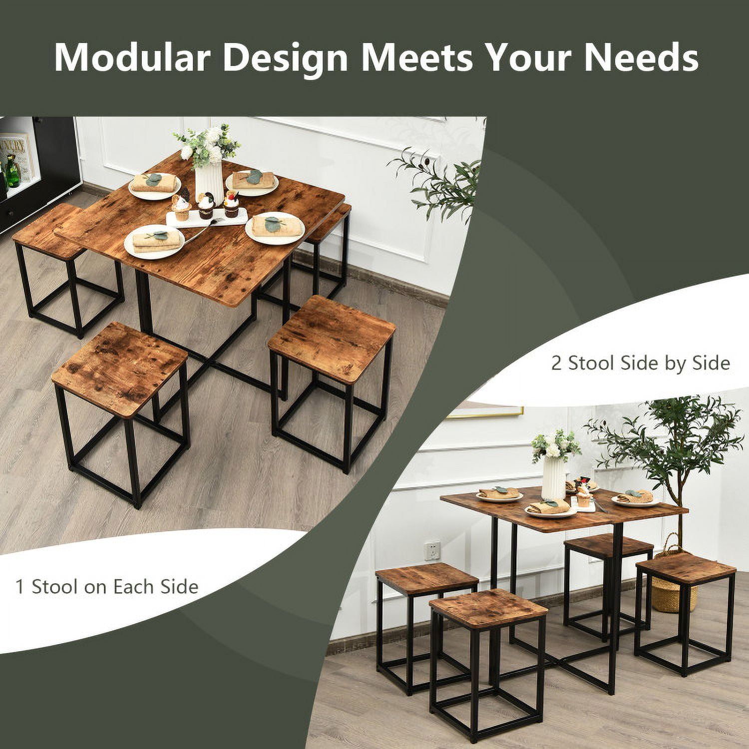Finihen Dining Set, Dining Table Set, 5 Pieces Metal Frame Dining Set with Compact Dining Table and 4 Stools, for Home, Restaurant, Walnut Finihen Dining Set, Dining Table Set, 5 Pieces Metal Frame Dining Set with Compact Dining Table and 4 Stools, for Home, Restaurant, Walnut