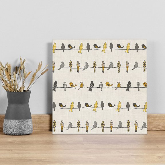 Yellow Grey Plaid Wall Art Painting on Canvas, Farmhouse Burlap Spring Floral Birds Canvas Art Home Prints Wall Art Framed Modern Artwork for Living Room Bedroom Wall Decor 16x16in