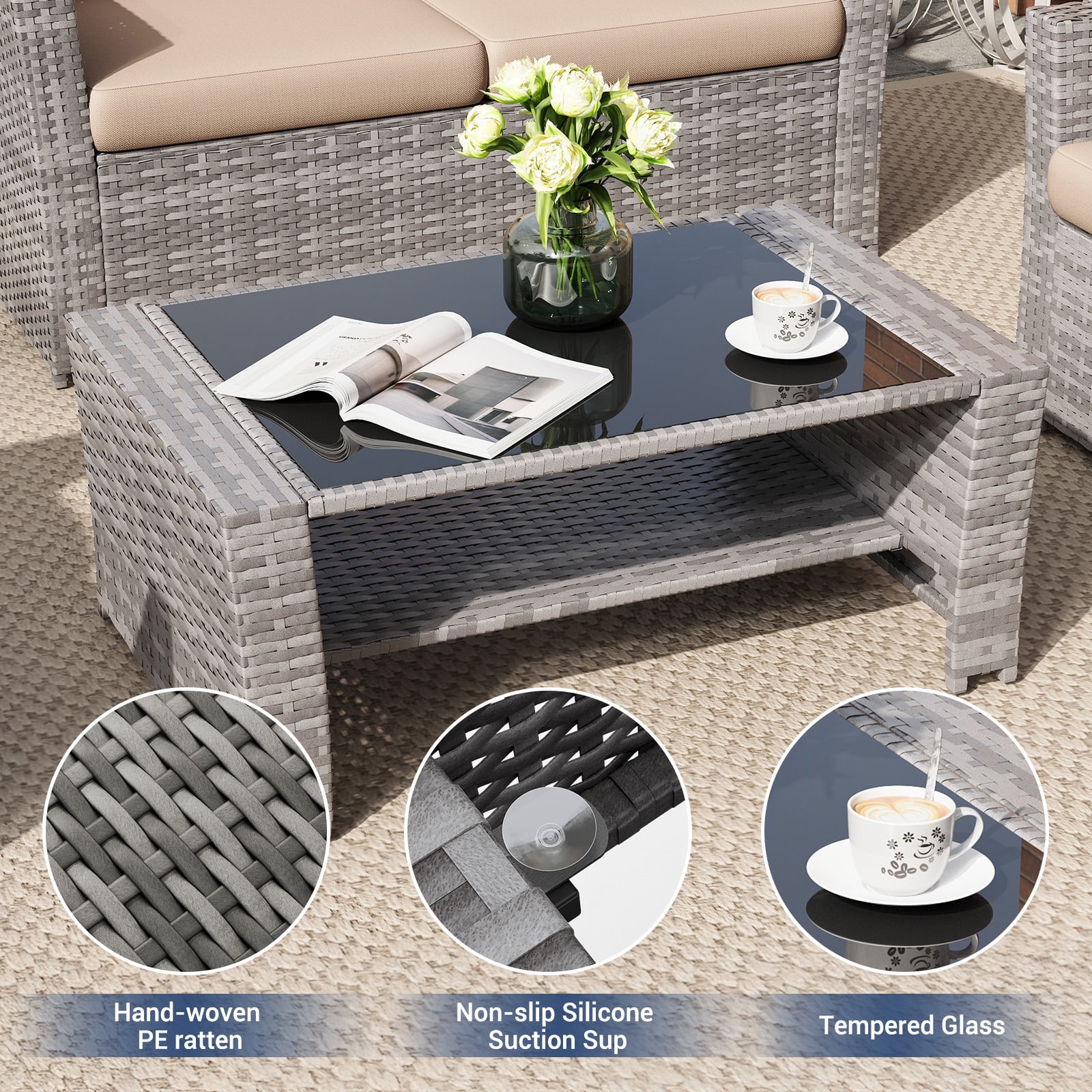 ELPOSUN Wicker Patio Furniture Set, 4 Piece Outdoor Sectional Conversation Sets, Gray PE Rattan Patio Sofa Set for Balcony, Porch, Backyard, Khaki