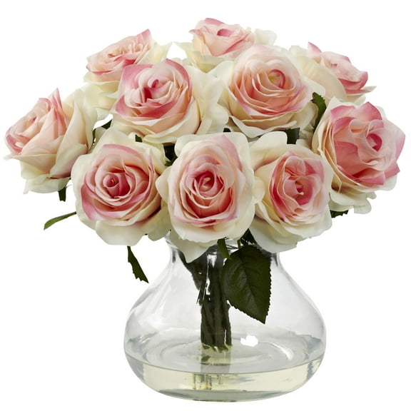 Nearly Natural Rose Arrangement Artificial Flowers with Vase, Pink