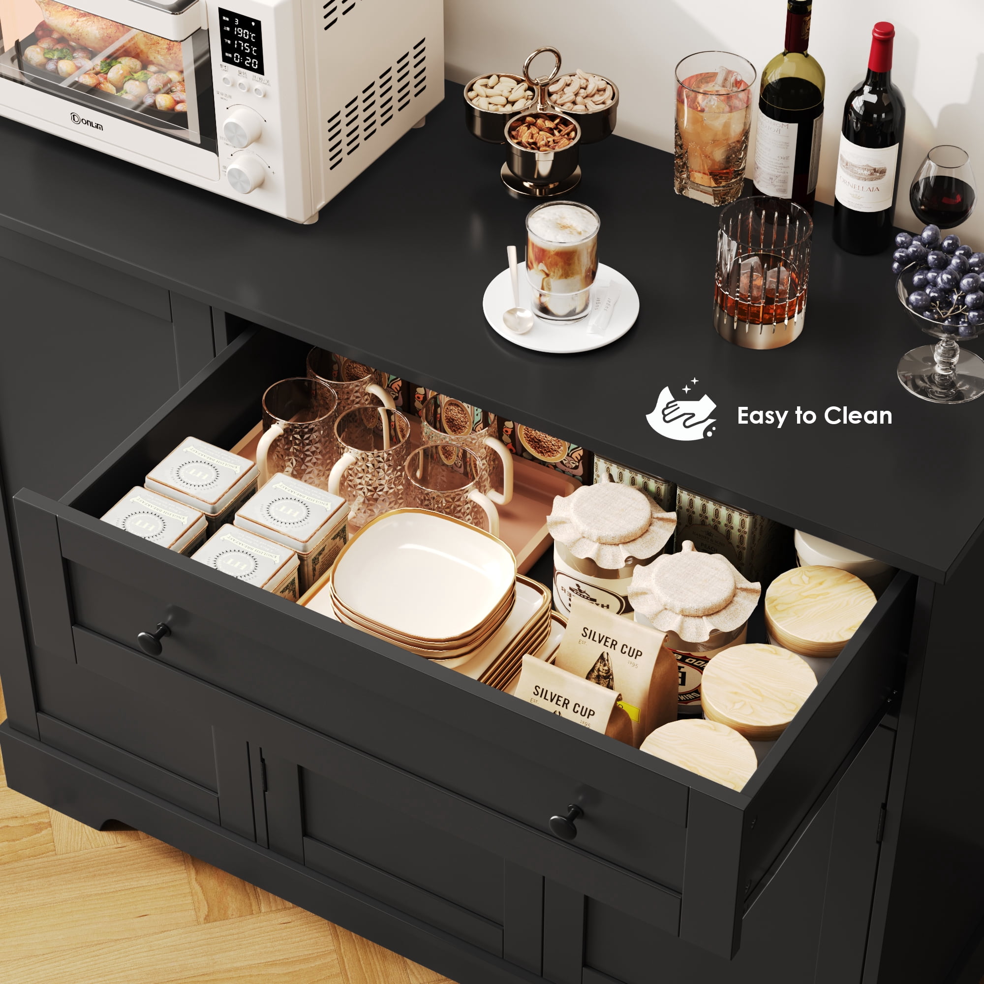 Homfa Sideboard Buffet Cabinet with Drawer, 3 Doors Kitchen Storage Cabinet with Adjustable Shelf for Dinning Room, Black