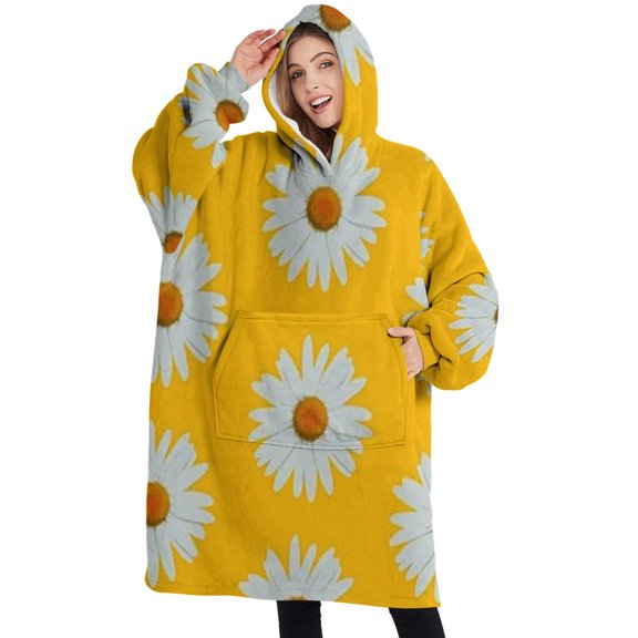 Oversized Wearable Blanket Hoodie,Yellow Daisy Flower White Blooms Pattern Sherpa Blanket Hoodie with Super Pockets,Super Warm Fuzzy Pullover for Women & Men