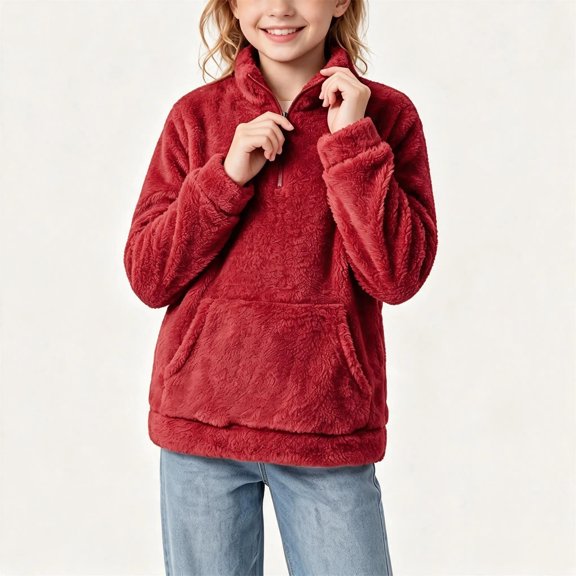 Xdegoge Girls Fuzzy Fleece Pullover Sweater Quarter Zip Fluffy Sherpa Sweatshirt with Pockets Kids Warm Winter Outwear, Size 7-8