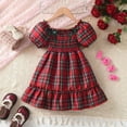 thumbnail image 2 of LEWKW Little Girls Plaid Smocked Dress Puff Sleeve Ruffle Hem Plaid Pattern Twirl A-Line Dress for Casual Playwear Back To School Preppy Style, 2 of 7