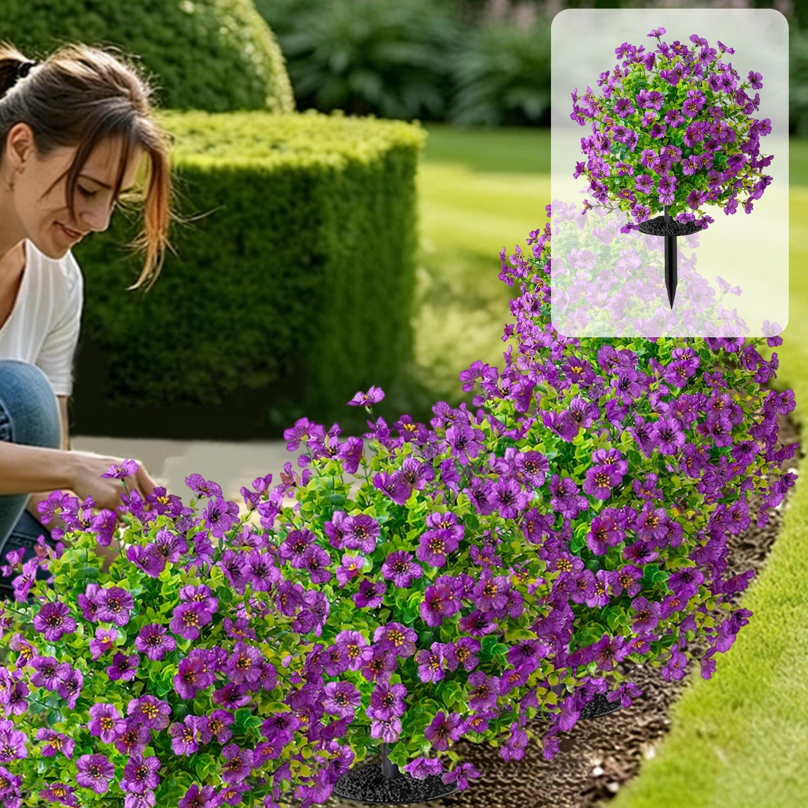 Fmxomd Artificial Boxwood Topiary Flowers with Spike 22", UV Resistant Fake Topiary Balls Tree Outdoor, Realistic Faux Violet Greenery Shrubs for Spring Porch Outdoor Planter
