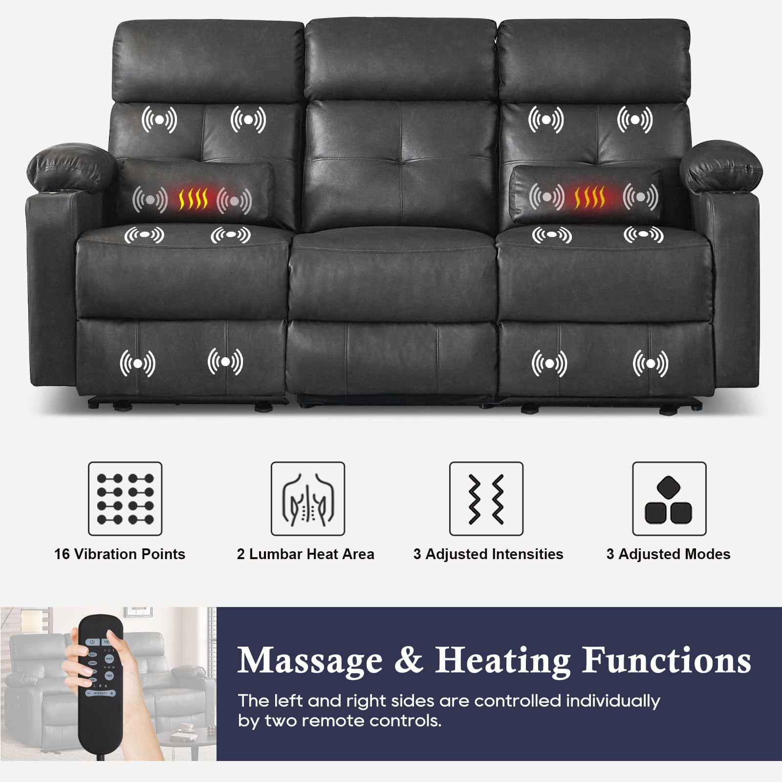 80'' Power Reclining Sofa with Heat and Massage, Electric Reclining Couch with Extended Footrest, Wall Hugger 3-Seater Recliner Sofa with USB Ports, Cup Holders for Living Room