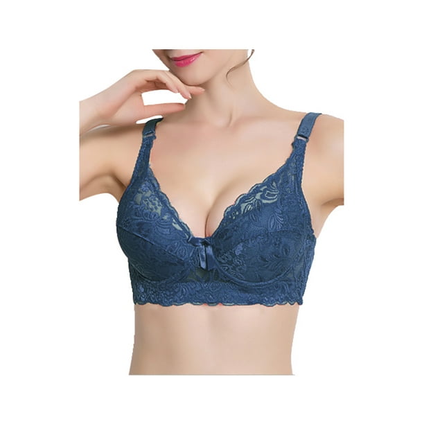 Sujetadores de copa completa para mujer, cómodo y transpirable, encaje floral, cobertura total, sujetador con aros sin relleno Azul marino 46/105 Fit 44B/C