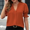 thumbnail image 2 of Fashion Solid Color Tops For Women Trendy Pleated Short Puff Sleeves Shirts Juniors V Neck Pullover Blouses Lady Dressy Tunic Casual Clothes, 2 of 6