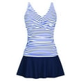 thumbnail image 4 of ZQUUVOU Women's High Waisted V-Neck Printedgathering Conservative Swimsuit Dress Set Suit (D-Dark Blue,XL), 4 of 6