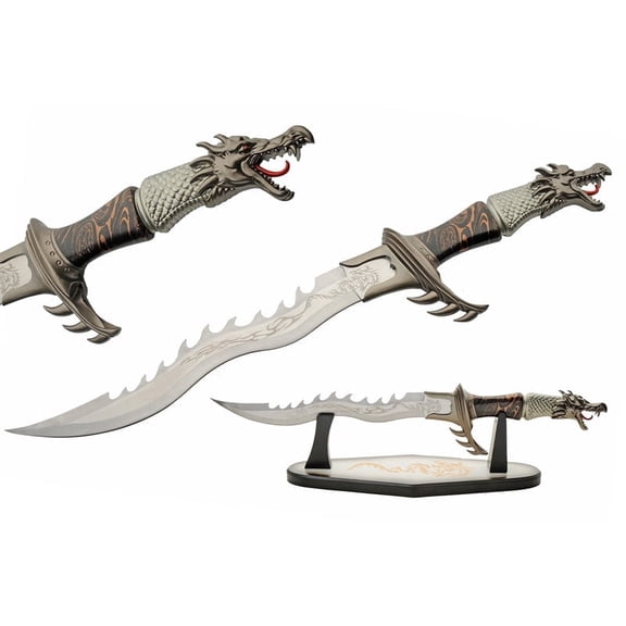 SZCO 24" Dragon Fang Sword Stainless Steel Short Sword with Jagged Spine For Display.