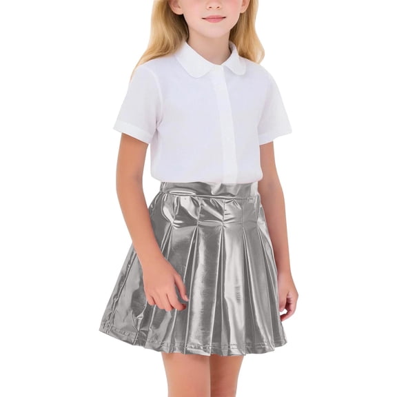Atogsazn Kids Girls Pleated Shiny Mini Skirt Children Casual Metallic Skirt Athletic Tennis Skirt Summer Silver 14-15 Years Fashion