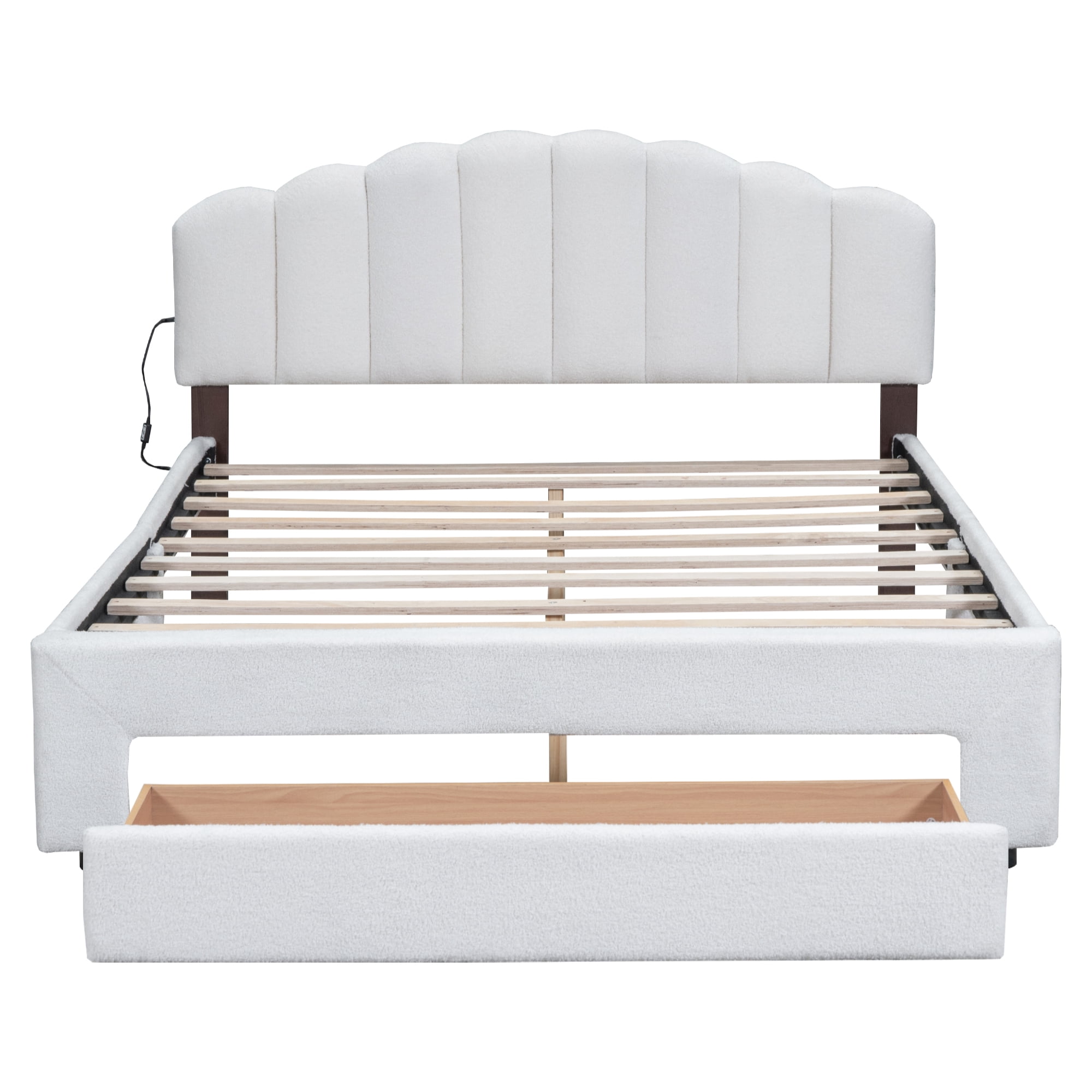 Kacho Queen Size Upholstered Platform Bed, Chic Teddy Fleece Platform Bed with Storage Drawer, Wooden Bedframe with LED Lights and USB Ports, No Box Spring Needed, for Bedroom, Guest Room, White
