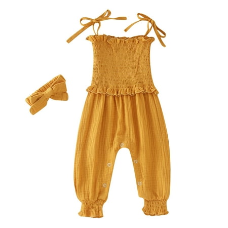 

Follure Toddler Girls Sleeveless Solid Prints Romper Suspenders Jumpsuit Clothes Bow Tie Hairband Outfits 6-9 Month Girl Clothes Jumper Toddler Girl