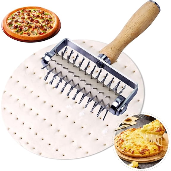 Stainless Steel Pizza Docker, Pizza Dough Docker with Wooden Handle, Pizza Roller with Spikes, Pizza Hole Puncher, Pastry, Cookie, Bread, Crust, Baking Dough Piercer