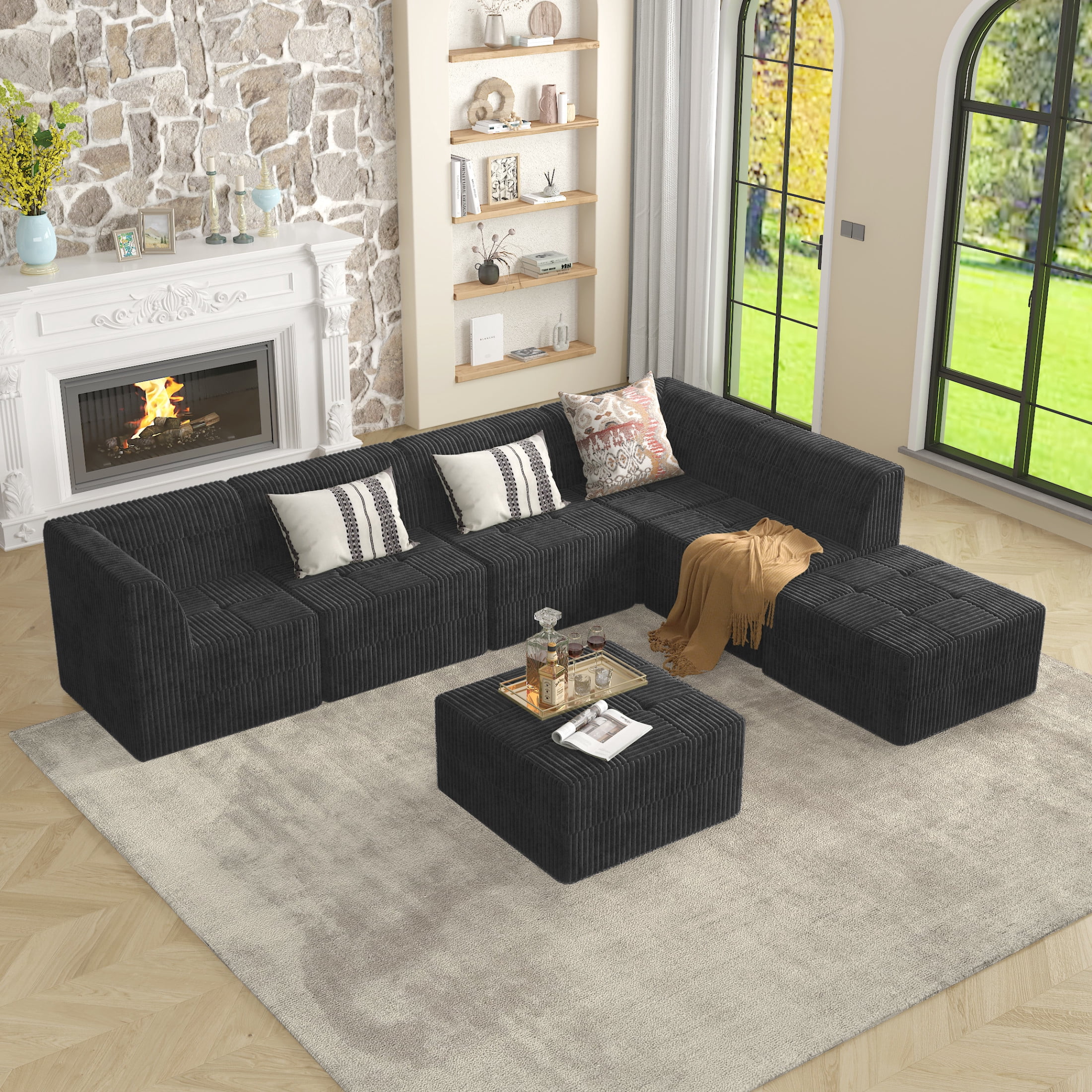 Noble House Arvion 33" Comfy Ottoman Compressed Sectional Sofa, Modular Minimalist Corduroy Sleeper Couch, Black