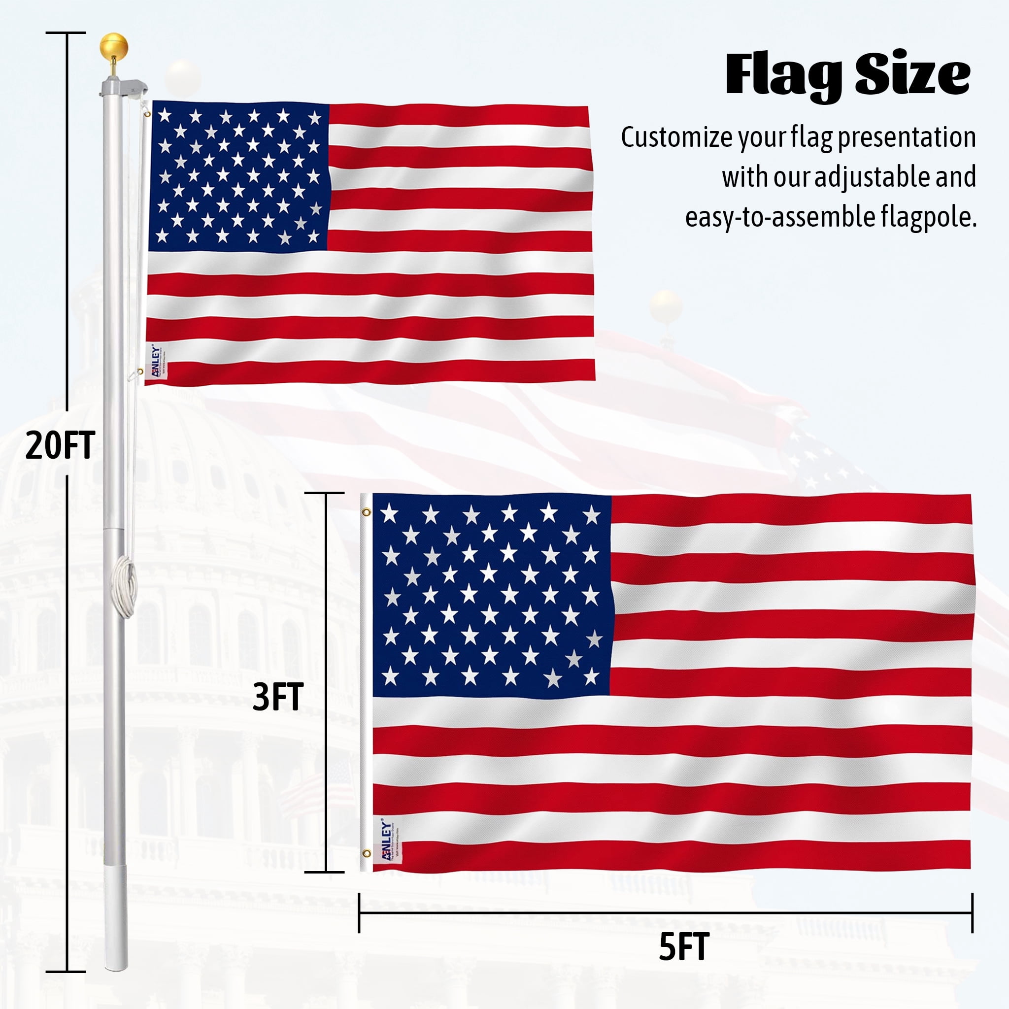 RocVanc 20 ft Aluminum Flag Pole Sectional Flagpole Kit Heavy Duty 3'x5' US Flag, Silver