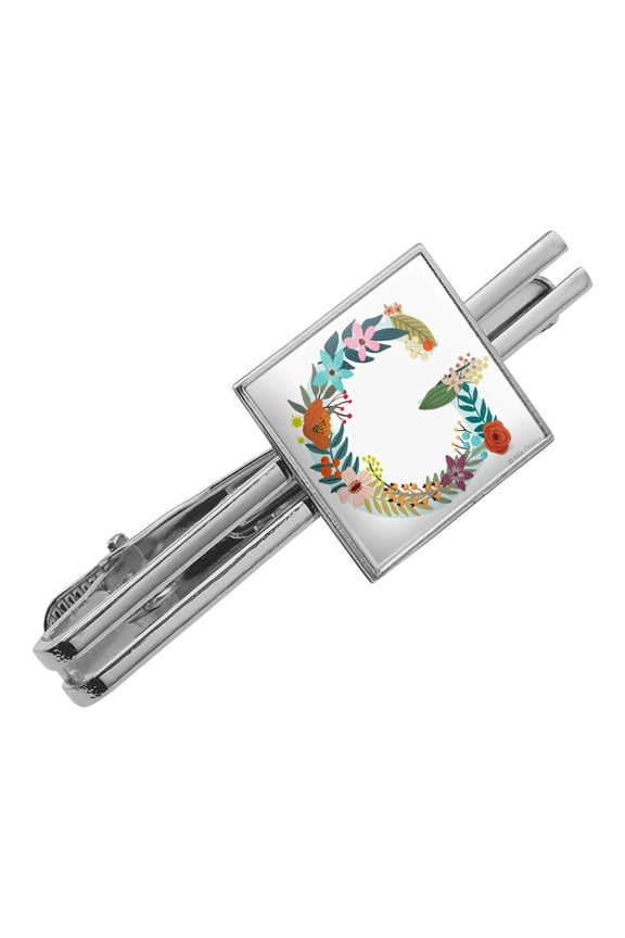 Letter G Floral Monogram Initial Square Tie Bar Clip Clasp Tack- Silver or Gold