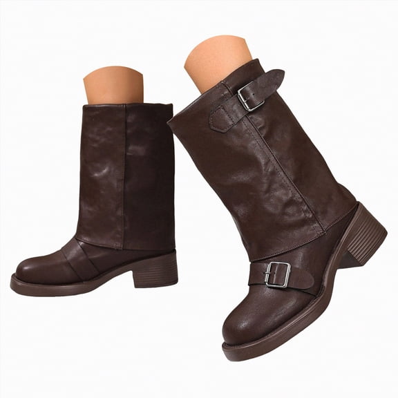 UngA Womans Boots Chunky Low Heel Riding Booties Motorcycle Biker Round Toe Fashion Buckle Western Booties Trendy Stylish Boots for Women Mid Calf Brown,Size 9