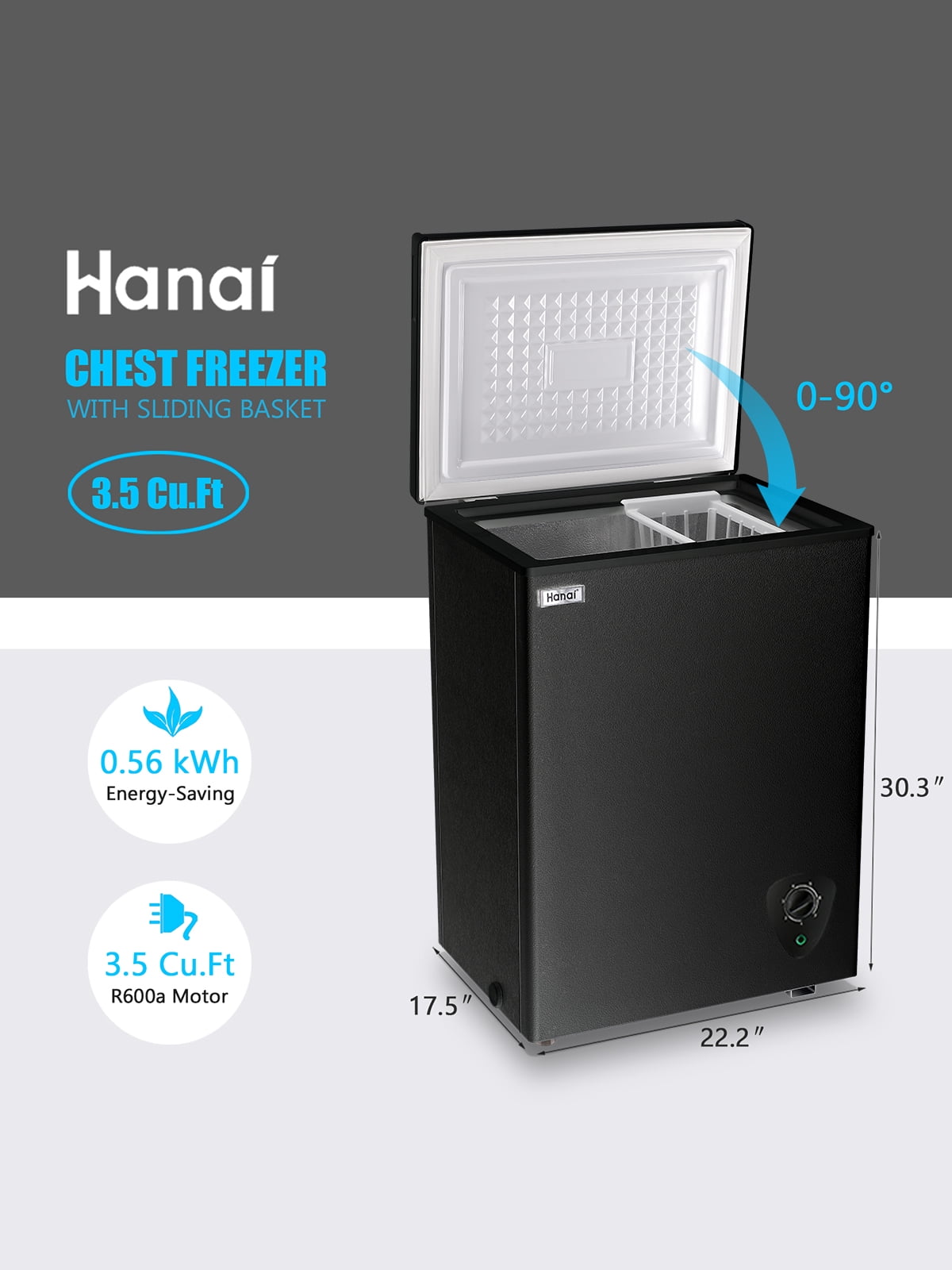 Chest Freezer 3.5 cu.ft Compact Freezer Free-Standing WANAI Top Door Freezer Adjustable 7 Thermostat and Removable Basket, Black