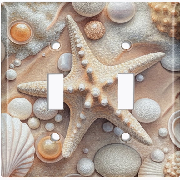 Metal Light Switch Wall Plate Outlet Cover (Printed Image of Starfish and Seashells - Double Toggle)