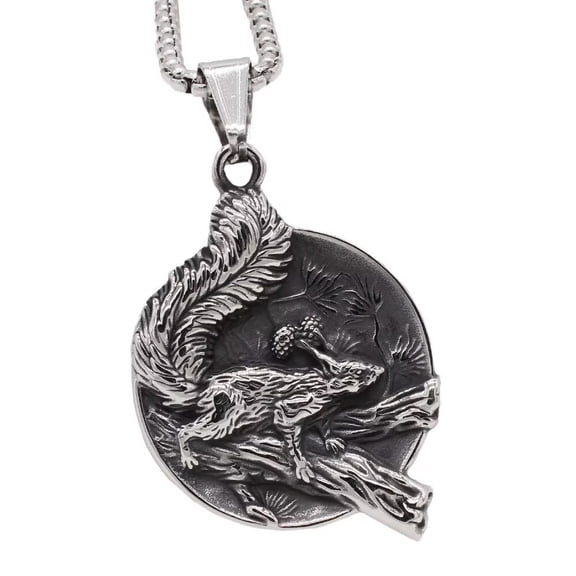 HIJONES Men's Squirrel Necklace Stainless Steel Vintage Hip Hop Punk Pendant Chain All Match Sweater Jewelry Silver