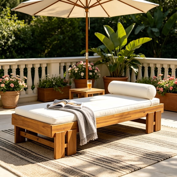Christopher Knight Home Acacia Wood Daybed with Cushion & Pillow, Indoor Outdoor Lounge, Teak Cream