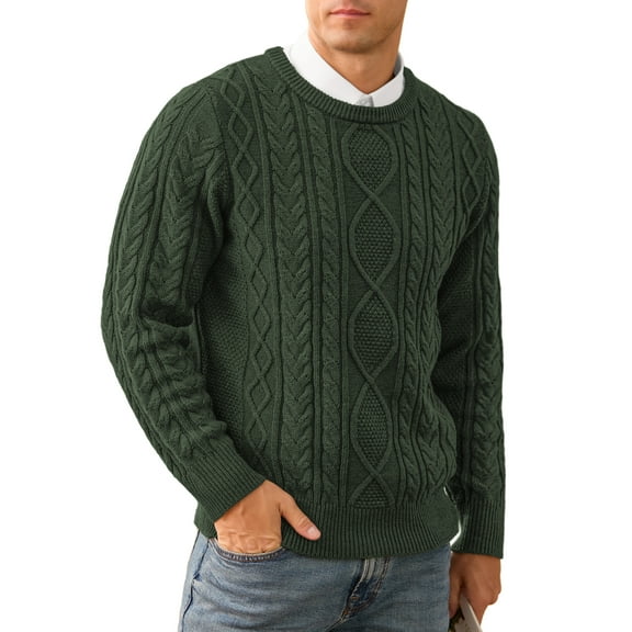 QDG Men's Cable Knit Pullover Sweater Casual Crewneck Long Sleeve Knitted Sweater