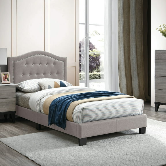 Poundex Twin Burlap Fabric Upholstered Bed Frame with Slats and Chrome Studs, Light Brown