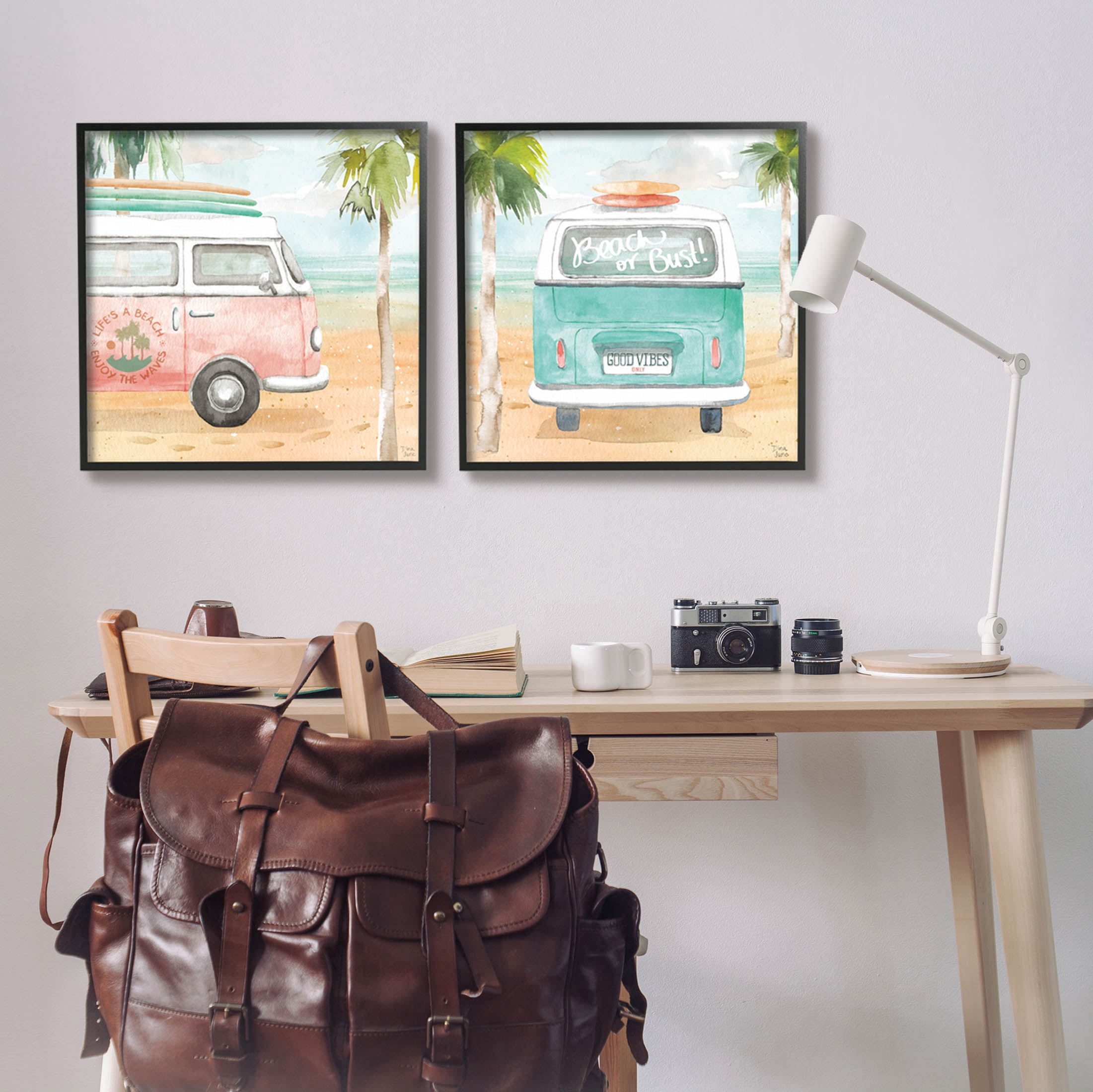 Stupell Industries Tropical Beach Vacation Van Painting Black Framed Art Print Wall Art, Set of 2, Design by Dina June