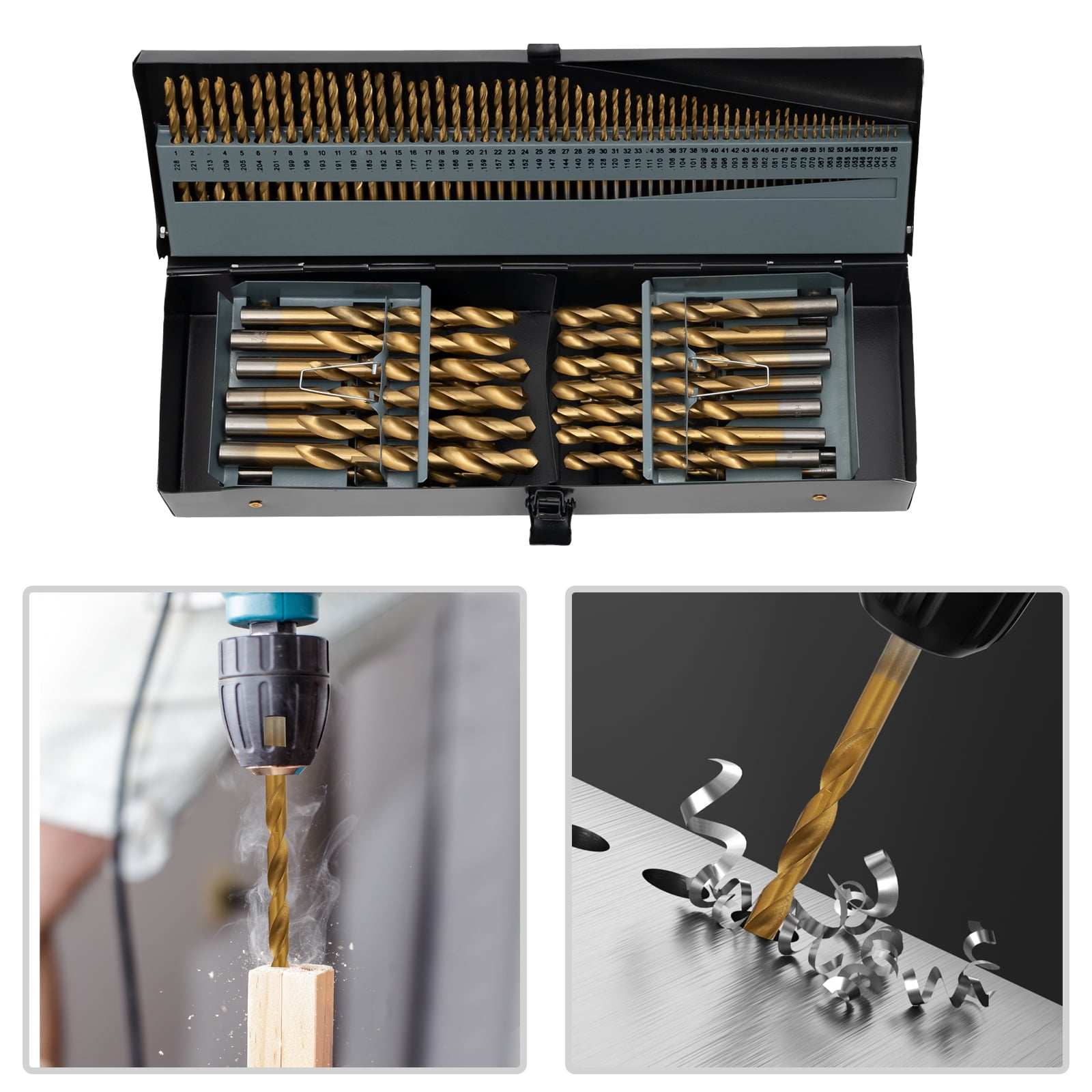 Cobalt Drill Bit Set 115 PCS, High Speed Steel Bits Twist Jobber Length Drill Bit Kit with Metal Index Storage Box for Hardened Metal, Stainless Steel, Cast Iron, Plastic, Wood, 1/16"-1/2", A-Z, 1-60