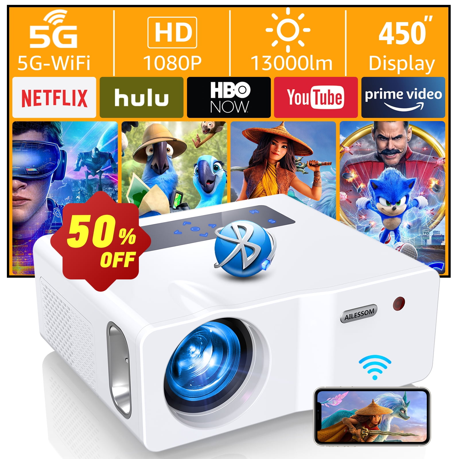 AILESSOM HD 1080P 5G WiFi Bluetooth Projector 4K, 450" Display