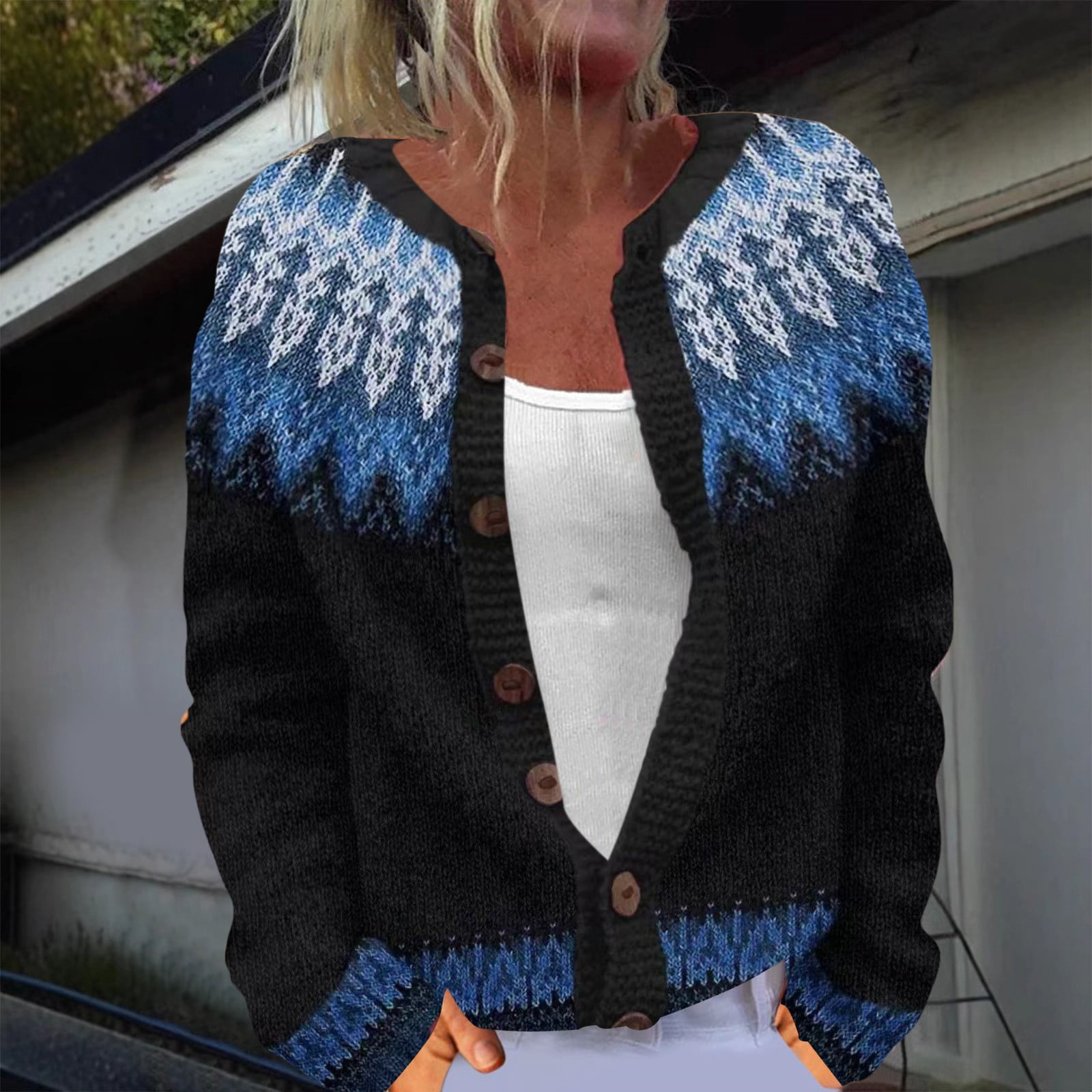 JFGHDG Women Nordic Fair Isle Knit Retro Pattern V Neck Open Front Button Lightweight Cozy Casual Sweater Cardigan Long Sleeve with Pockets Blue L
