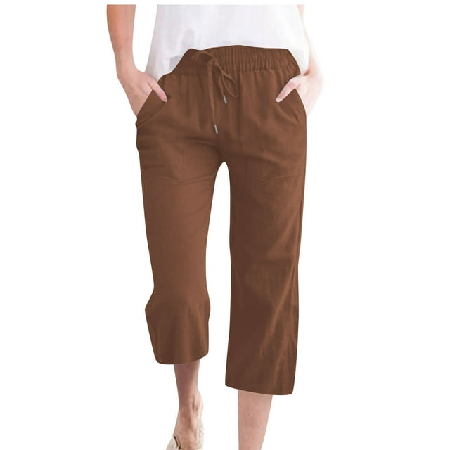 Womens Linen Capri Pants Plus Size Casual High Waisted Wide Leg Lounge Pants Drawstring 3/4 Solid Color Loose Palazzo Trousers With Pockets S-5X Coffee