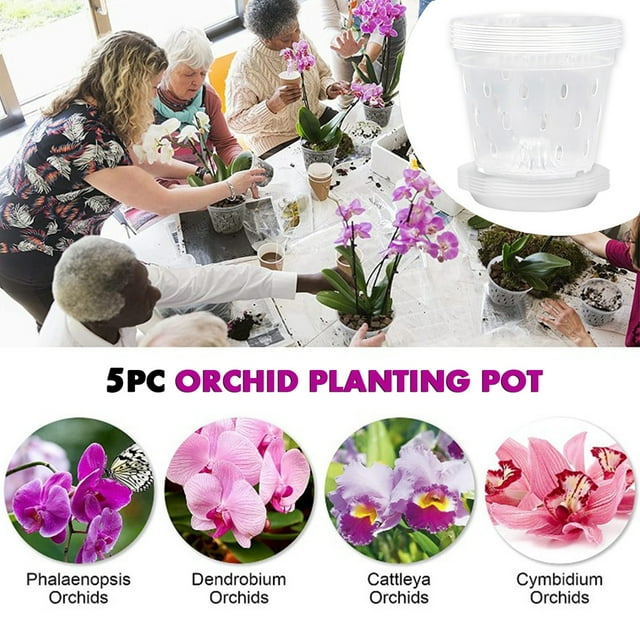 5PCS Transparent Plastic Orchid Plant Pots with Perforated Design for Optimal Airflow and Growth,Includes Trays for Easy Water Management,Ideal for Multiple Plants