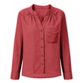 thumbnail image 7 of GZWYHT Women's Cotton Linen Button Down Shirt Stand Collar V Neck Long Sleeve with Chest Pocket Loose Fit Solid Color Casual Blouse Lightweight Work Tops Red 3XL, 7 of 7