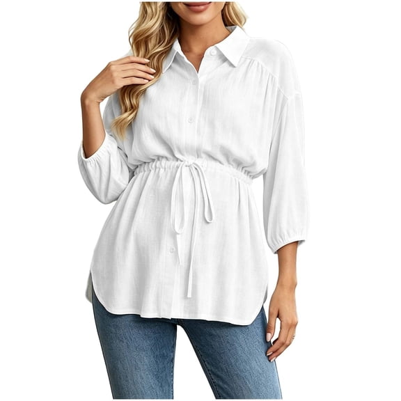 Kukoosong Women's Maternity Collared Button Down Shirt, 3/4 Puff Sleeve Drawstring Waist Blouse, Loose Flowy Casual Tunic Tops for Pregnancy Daily Office Wear