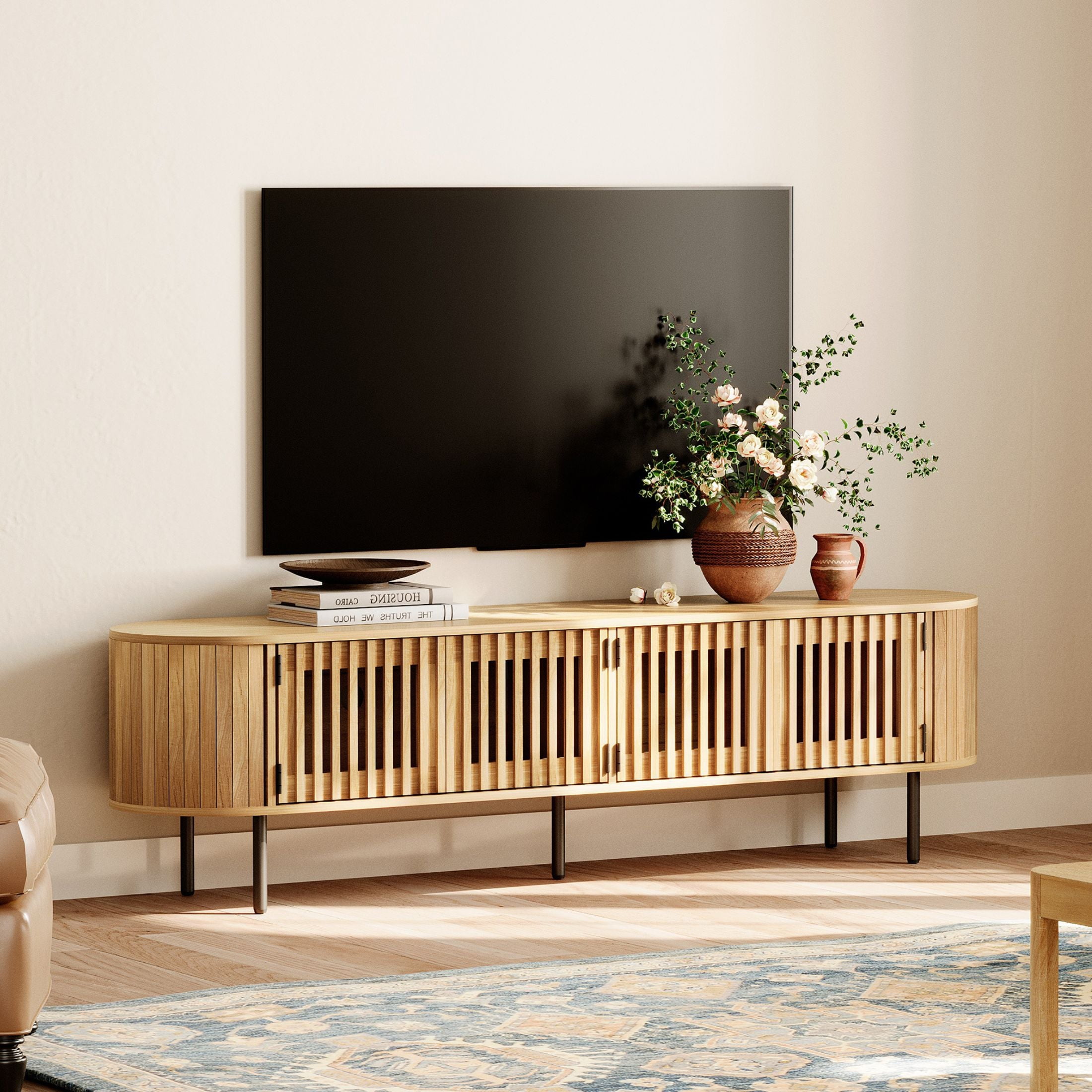 WAMPAT 70" Fluted TV Stand for TVs up to 75”, Wooden Media Console with Pop-up Doors & Storage for Living Room Bedroom, Natural Oak