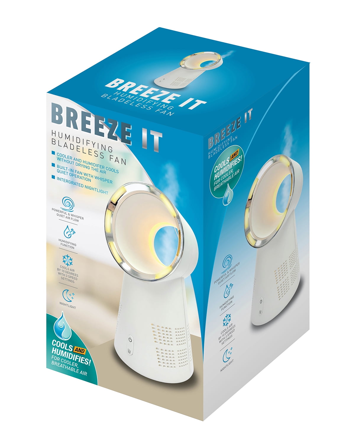 BREEZE IT Bladeless Fan with Humidifier & LED Nightlight, 3-Speed Settings,  10" Height (New)