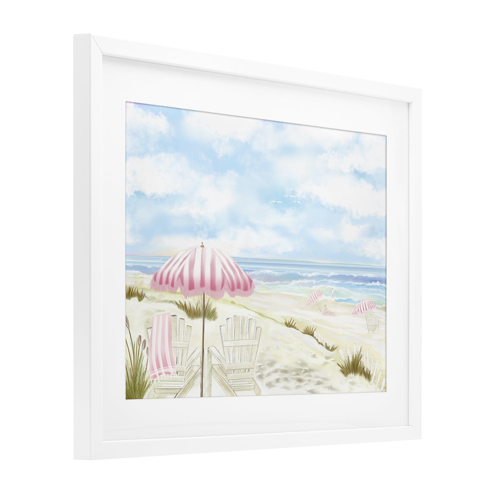 Seascape with Pink Umbrella White Framed Print Under Glass, design by Lori Mosley