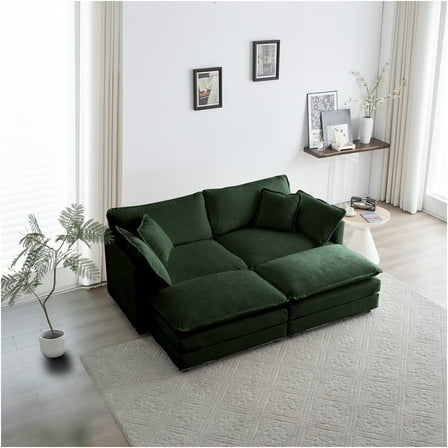 JERFIT Modern 2-Seater Loveseat Sofa Set with 2 Ottomans, Modular Lounge Chenille Fabric, Green Upholstered Couch for Living Room