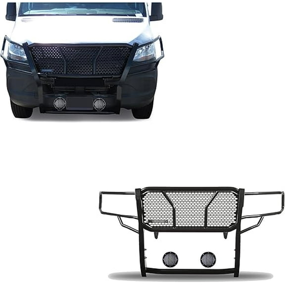 Black Horse RUGGED Heavy Duty Grille Brush Bumper Guard Modular Black Come with Pair of 5.3"LED Lights Compatible with 2019-2025 Dodge Sprinter-Benz Sprinter 1500/2500/3500-RU-DOSP19-B-PLFB
