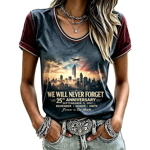 EANJE 9/11 25th Anniversary Commemorative T-Shirt for Women Vintage V Neck Short Sleeve Tshirts Vintage 911 Memorial 25th Anniversary Tees Dark Blue XL