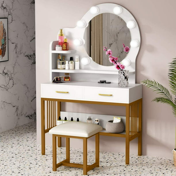 Tribesigns Vanity Set With Round, Vanity Table With Lighted Mirror And Stool