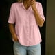 thumbnail image 1 of Craaazy Women's Loose Fit Collared Blouse, Solid Color Short Sleeve Button Down Shirt, Breathable Cotton Linen Casual Top for Daily Wear, Work & Weekend Gifts, 1 of 9