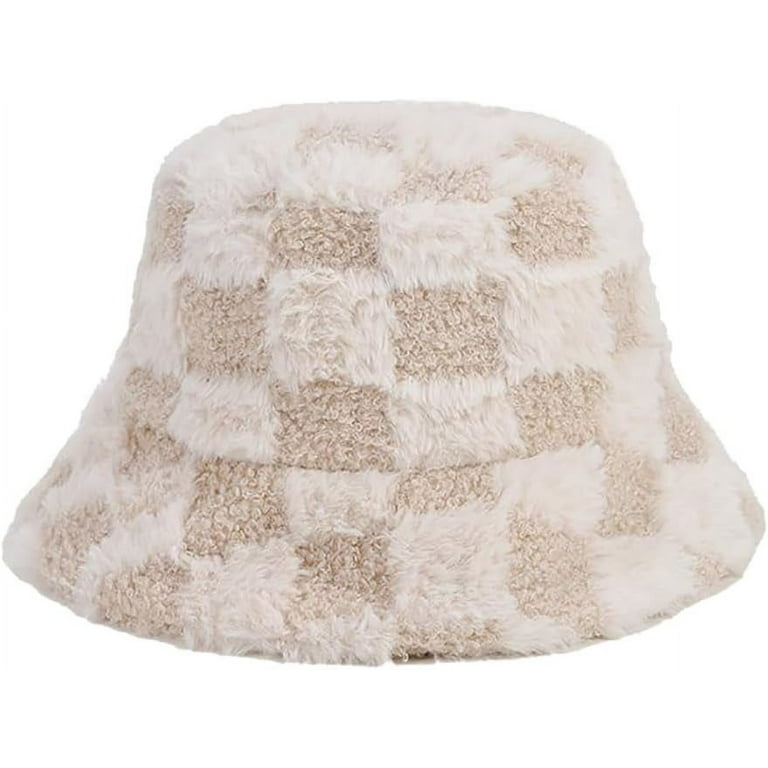Kukuzhu Women Winter Faux Fur Plaid Bucket Hat Fuzzy Warm Stylish Fisherman  Caps for Men Teen Girls Fishing Hat