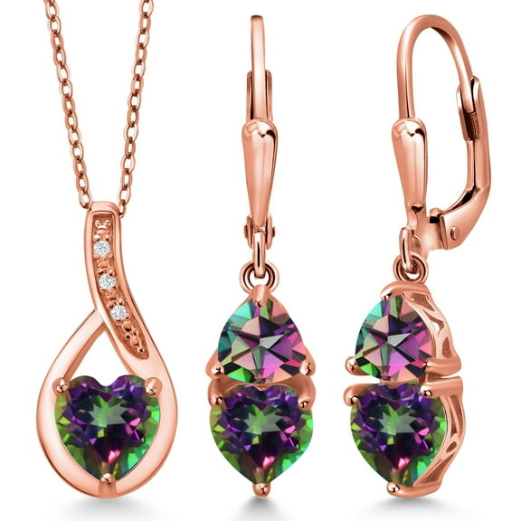 Gem Stone King 18K Rose Gold Plated Silver Green Mystic Topaz Pendant Earrings Set for Women (4.60 Cttw, Gemstone Birthstone, with 18 inch Chain)