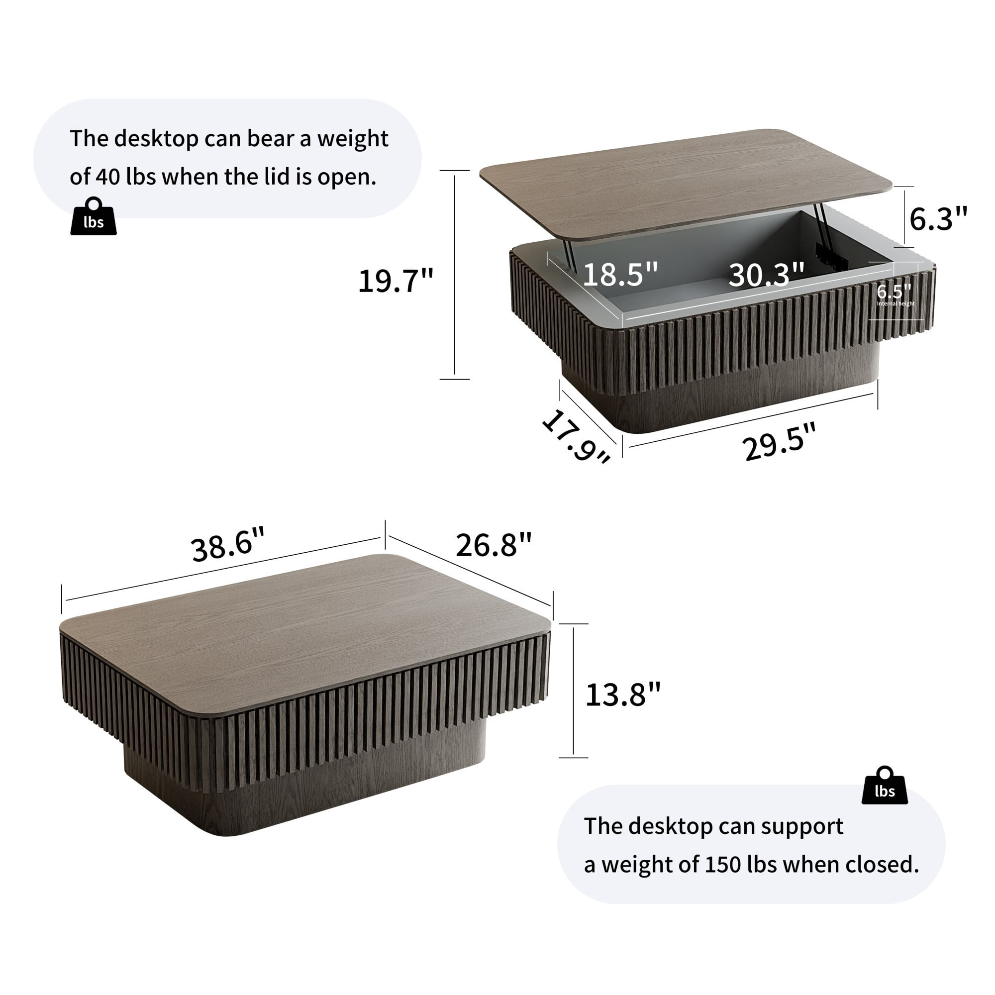 Lift Top Coffee Table with Storage, 38.6" Fluted Coffee Table with Adjustable Height, Modern Wood Veneer Center Table for Living Room, Grey