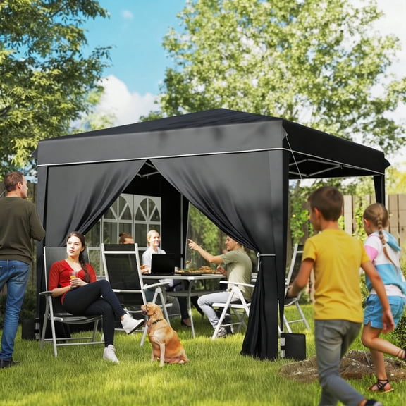 Outsunny 10 x 10 ft Pop Up Canopy Tent with Sidewalls, UPF50  Outdoor Portable Instant Canopy Shelter with Carry Bag, Sandbags, Black